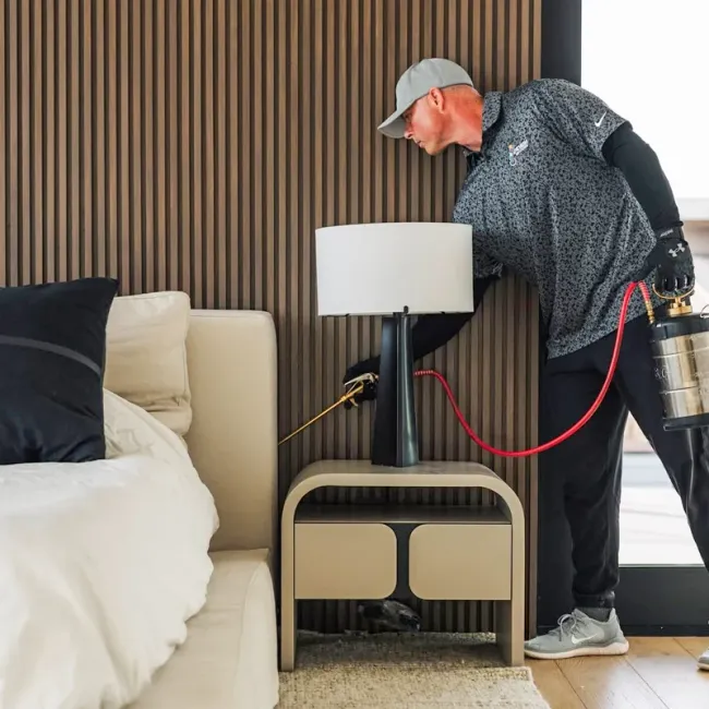 technician spraying behind bed