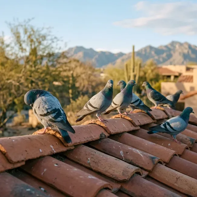 pigeons on a roof of a house