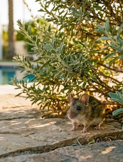 mouse hiding outside in shrubs